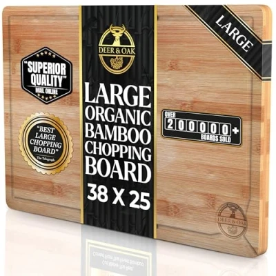 Image of Deer &amp; Oak Premium Bamboo Chopping Board, Large 38 x 25 2cm Wooden Cutting Board for Meat Vegetables Pre Oiled, Water Resistant, Knife Friendly
