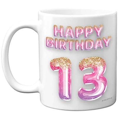 Image of 13th Birthday Gift for Girls Pink Purple Glitter Balloons Happy Mug Present 13 Year Old Daughter Sister Granddaughter Cousin Friend, 11oz Ceramic Dishwasher Safe Coffee Mugs Cup