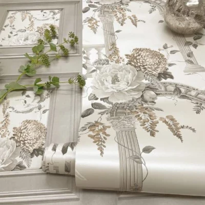 Image of Belgravia Corinthia Panel Flowers and Herons Pearl Smooth Wallpaper