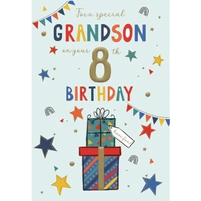 Image of Grandson 8th Birthday Card Age 8 Modern Stars and Rainbows Design Special Finishes Made in the UK