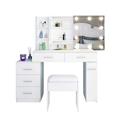 Image of Dressing Table Set with LED Lights Mirror, Vanity Makeup 5 Drawers 6 Shelves Sliding Cushioned Stool, Bedroom Table, White