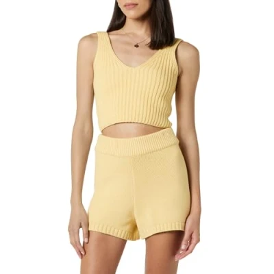 Image of The Drop Women&#039;s Sylvie Double V Neck Textured Rib Cropped Sweater Tank, Butter, S