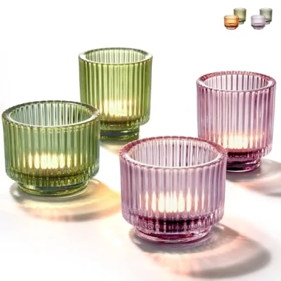 Image of Praknu Tea Light Holder Large Glass for Table Decoration Set of 4 Round Glasses Sturdy Candle Home &amp; Wedding (Purple Green)