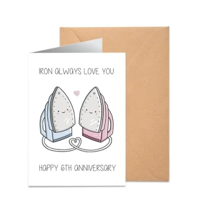 Image of 6th Wedding Anniversary Card for Couple Iron Themed Keepsake Husband, Wife, Him &amp; Her Romantic 6 Year Mum Dad 4.7x6.7 Inch with Envelope