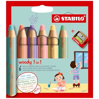 Image of Multi Talented Pencil STABILO woody 3 in 1 Pack of 6 Assorted Pastel Colours with Sharpener