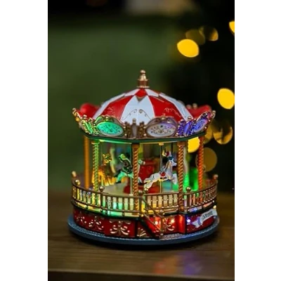 Image of Marco Paul Christmas Carousel with LED Lights Musical Merry Go Round, Battery Operated, 8 Songs Decorations Ornament Festive Xmas Carouse for Home Decor, Decor