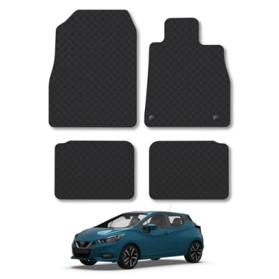 Image of Rubber Car Mats Compatible with Nissan Micra (2017+) Tailored Fit Floor Set Accessory Black Custom 4 Pieces Clips Anti Slip Backing, Heavy Duty &amp; Waterproof
