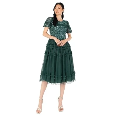 Image of Maya Deluxe Women&#039;s Midi Dress Ladies Sequin Embellished Short Sleeve Ruffle for Wedding Guest Bridesmaid Occasion Evening Ball Gown, Emerald Green, 18