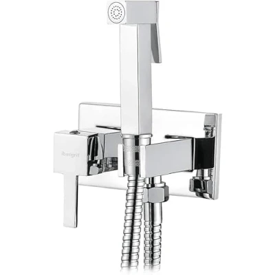 Image of Ibergrif M22011 Square Concealed Shower Mixer Set, Hot and Cold Bidet Spray with Shattaf Sprayer, Hose Pipe, Chrome, Silver