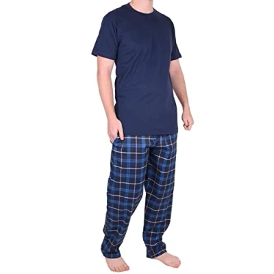 Image of Mens Pyjamas Set Trousers Woven Check Lounge Pants Short Sleeve T Shirts Top (M, Blue PjamaSet 21)