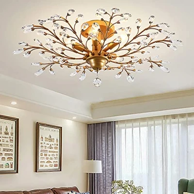 Image of Ganeed Vintage K9 Clear Crystal Chandeliers Ceiling Lighting,Pendant Lighting Flush Mounted Fixture for Living Room Dinning Restaurant Porch Hallway Gold 5 Lights