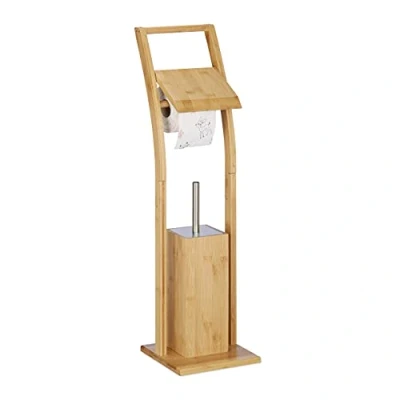 Image of Relaxdays Toilet Roll Holder, Free Standing, Wooden, Bamboo, Brush Storage, Suite Set, HxWxD: 74x20x20 cm, Natural, 74 x 20 cm