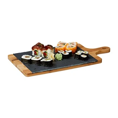 Image of Relaxdays Serving Tray, Bamboo, Slate, Chopping Board, Handle, Rustic, HxWxD: 1.8 x 45 22.5 cm, Grey