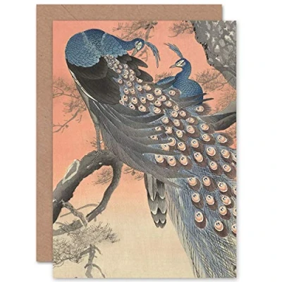 Image of Artery8 Ohara Koson Two Peacocks On Tree Branch Painting Fine Art Greeting Card Plus Envelope Blank Inside