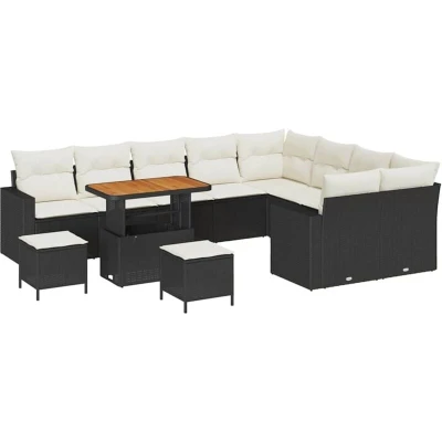 Image of vidaXL 12 Piece Garden Sofa Set with Cushions Black Poly Rattan Acacia