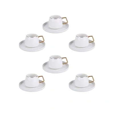 Image of KARACA Saturn Porcelain Coffee Cup and Saucer Set White Gold Handle Small Turkish Coffee, Espresso, Cappuccino, Tea Cups of 6, 90 ml