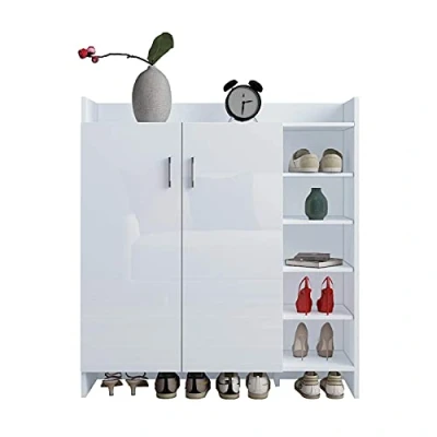 Image of AWOOOD Shoe Storage Cabinet Home Hallway Furniture 2 Doors w/Adjustable 4 Shelves Modern High Gloss Cupboard Footwear Rack Stand Organiser White
