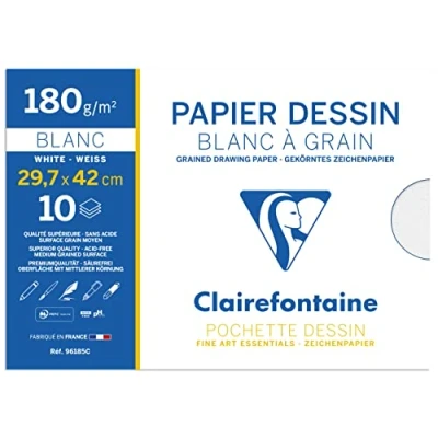 Image of Clairefontaine Ref 96185C Grained Drawing Paper (Pack of 10 Sheets) 29.7 x 42cm Size, 180gsm Paper, Acid Free Light Grain Side &amp; Heavy White
