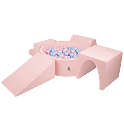 Image of KiddyMoon Foam Playground For Kids With Round Ballpit (300 Balls ∅ 7Cm/2.75In) Soft Obstacles Course And Ball Pool, Made In EU, Pink:Babyblue/Powder Pink/Pearl