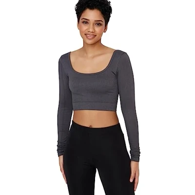 Image of Trendyol Women&#039;s Straight Long Sleeves Fitted The Blouse, Anthracite, XS/S