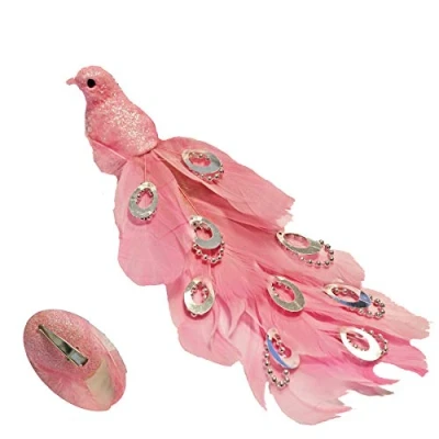 Image of 21cm Long Beaded Tail Peacock Clip on Bird Christmas Tree Decoration Pink