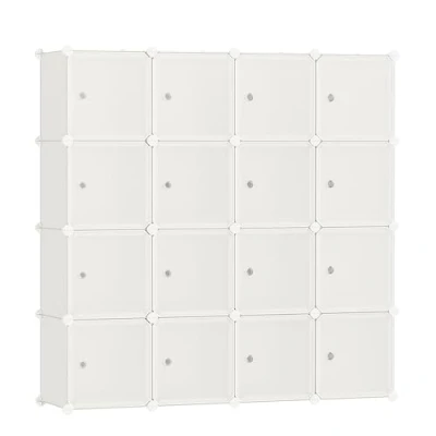 Image of SONGMICS 16 Cube Storage Unit, Shoe Rack, Stackable Cubes, Plastic Closet Cabinet, Wardrobe, with Doors, for Bedroom, Office, Easy to Assemble, Cream White LPC443W01