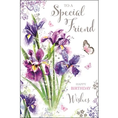 Image of Jonny Javelin Special Friend Artistic Birthday Card (JJ SG18) Iris and Butterfly Foil, Flitter &amp; Embossed Finish