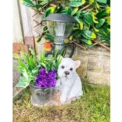 Image of Solar Powered Westie with Robin Light Hand Painted Lantern Dog Ornament Plant Planter Bucket Automatic Garden Outdoor 6 8Hr Output