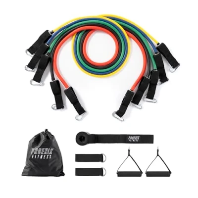 Image of Phoenix Fitness Resistance Bands Set of 5 Tubes with Handles, Ankle Straps &amp; Door Anchor Carry Bag Exercise for Men and Women Strength Training Rehabilitation (Bright)