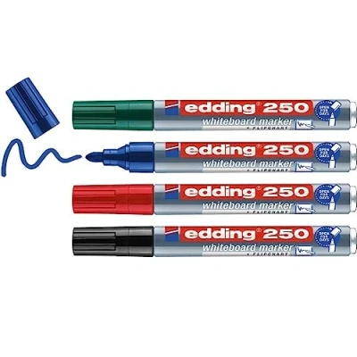 Image of edding 250 whiteboard marker set multi coloured 4 pens round nib 1.5 3 mm pen dry wipe for whiteboards, flipcharts, magnetic, memo boards sketchnotes refillable
