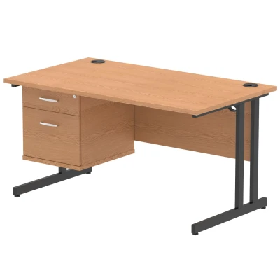 Image of Impulse 1400x800 Desk Oak/Black Cantilever Leg 1x2 Drawer Fixed Ped
