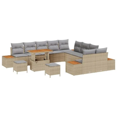 Image of vidaXL 13 Piece Garden Sofa Set with Cushions Beige Poly Rattan Acacia