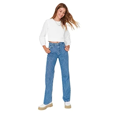 Image of Trendyol Women High Waist Wide Leg Jeans,Blue,34