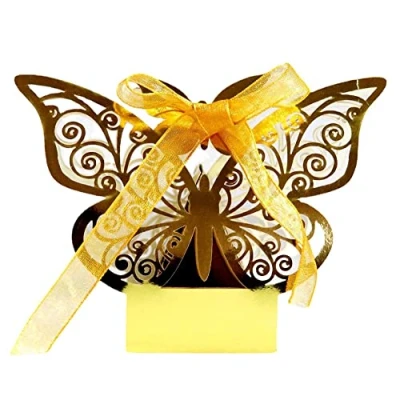 Image of 50 Pcs Wedding Favour Boxes Butterfly Hollow Gift Box with Ribbons Chocolate Candy Treat for Christening, Wedding, Birthday Party