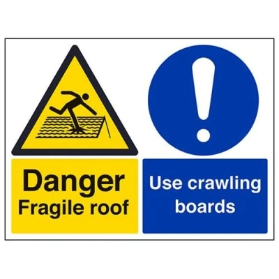 Image of VSafety Danger, Fragile Roof. Use Crawling Boards Sign Landscape 400mm x 300mm 1mm Rigid Plastic