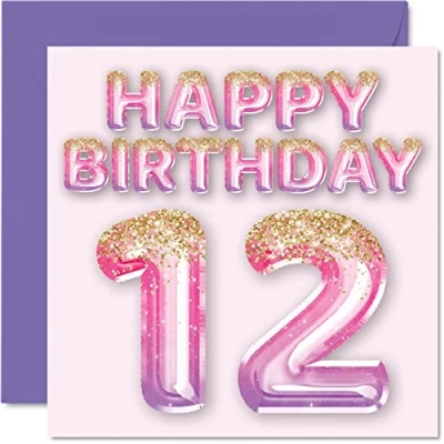 Image of 12th Birthday Card for Girls Pink &amp; Purple Glitter Balloons Happy Cards 12 Year Old Girl Daughter Sister Granddaughter Cousin, 145mm x Twelve Twelfth Bday Greeting Gift