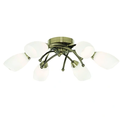 Image of Opera 6 Light Flush Multi Arm Ceiling Antique Brass and Opal Glass, G9
