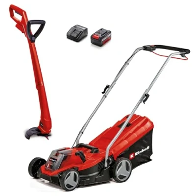 Image of Einhell Power X Change 18/33 Cordless Lawnmower and Strimmer Set GE CM Li Battery Lawn Mower with Charger + GC CT 18/24 P Grass Trimmer 20 Replacement Blades