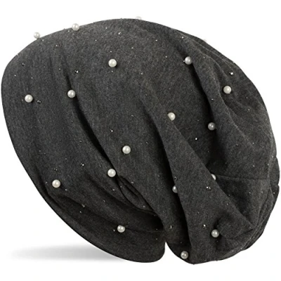 Image of styleBREAKER Beanie hat with Pearls and Rhinestone Studs, Long Slouch Beanie, Ladies 04024140, Colour:Mottled Dark Grey