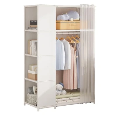Image of ZHANGshouf Wardrobe Portable Canvas With Hanging Rail, Shelves, Fabric for Bedroom, Clothes Closet Storage Organizer,White 89x45x162cm