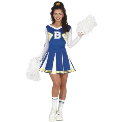 Image of FIESTAS GUIRCA Cheerleader Blue and White Dress Fancy Costume American Uniform with Long Sleeves for Ladies Size S