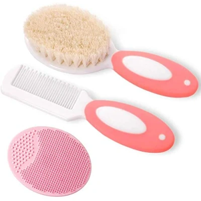 Image of Baby Hair Brush and Comb Set for Newborns &amp; Toddlers Natural Soft Goat Bristles Ideal Cradle Cap Perfect Registry Gift (Pink)