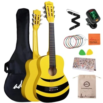 Image of ADM 1/4 Kids Classical Guitar Kit, 30&quot; Junior Set for Beginnners with Gig Bag, Clip on Tuner, Strap, Picks, Extra Strings, Storage Bag and Cleaning Cloth (Yellow Honey Bee)