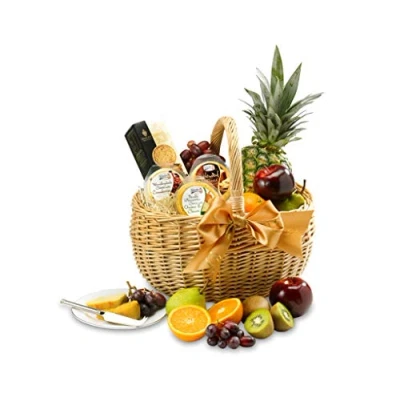 Image of Luxury Snack Hamper in Handmade Willow Basket Fresh Fruit, Cheese and Biscuits Gift with Oranges, Grapes, Cheddar, Brie Savoury Hampers, from Regency Hampers