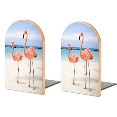 Image of Flamingo Wooden Book Ends Non Slip Stand Holder Bookshelf Bookends For Shelves Home Office Decor