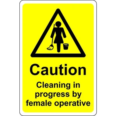 Image of Caution cleaning in progress by female operatives toilet Safety sign Self adhesive sticker 200mm x 150mm