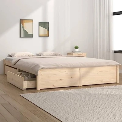 Image of vidaXL Solid Pinewood Bed Frame with Storage Drawers, Untreated Wooden Bedstead for Bedroom, Platform Mattress Size 140x200 cm