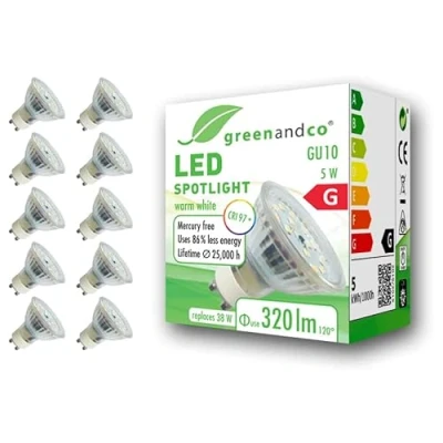 Image of greenandco® CRI 97+ 2700K 110 LED spot Replaces 38 Watt GU10 Halogen Spotlight, 5W 320 Lumen Warm White 230V, no Flicker, not dimmable, 10 Pack