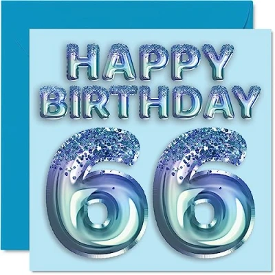 Image of 66th Birthday Card for Men Blue Glitter Party Balloon Happy Cards 66 Year Old Man Uncle Grandad Dad Grandpa Gran, 145mm x Sixty Six Sixth Bday Greeting Gift