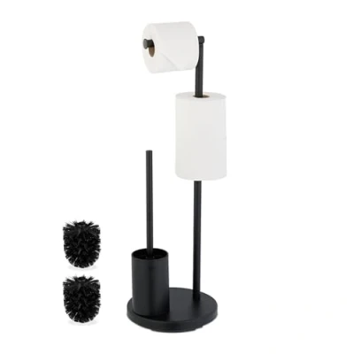 Image of Relaxdays Toilet Roll Holder and Brush Set, Stainless Steel, HxD 68 x 22 cm, Freestanding Bathroom Paper Stand, Black, Iron, Foam